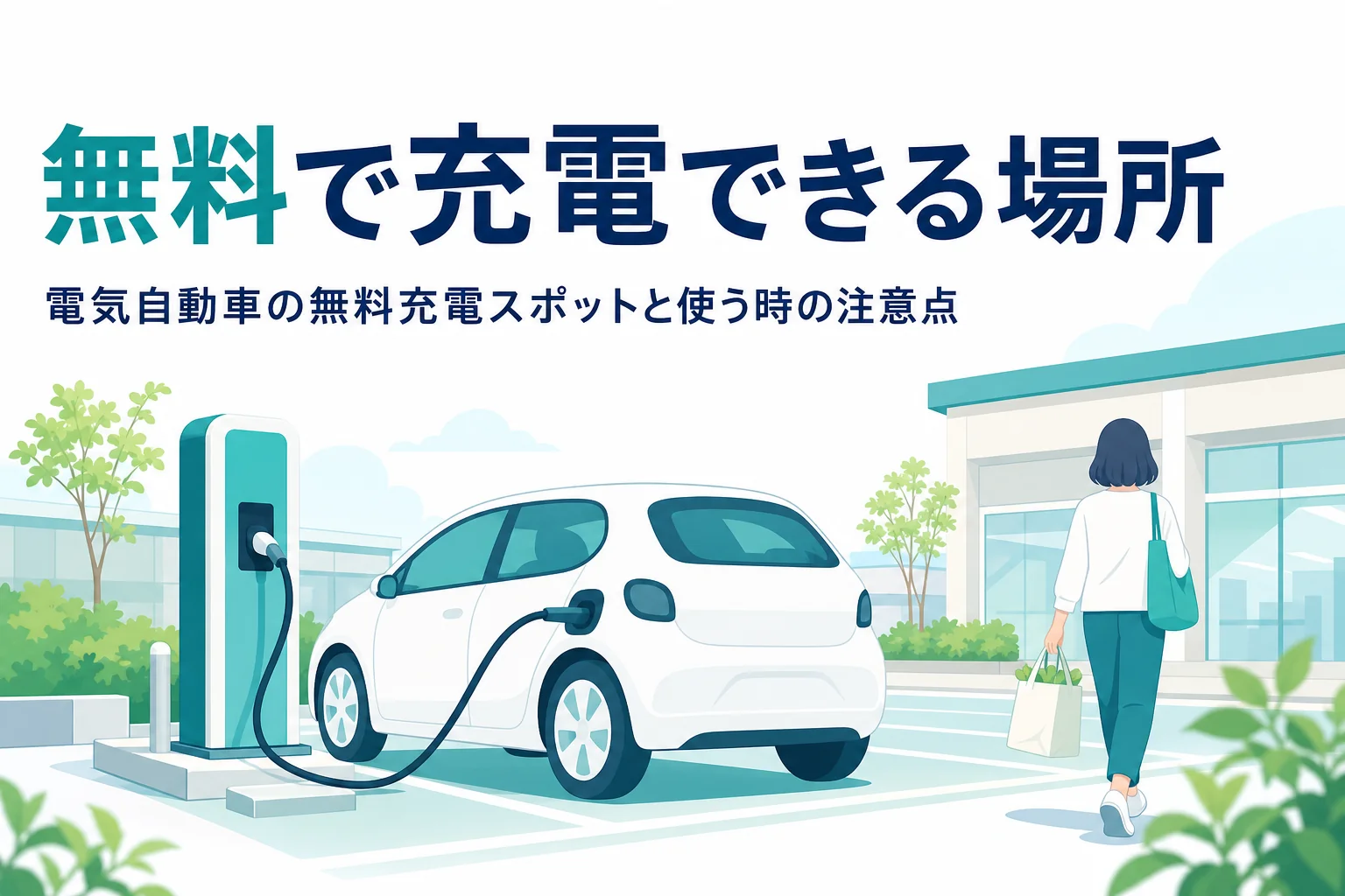 商業施設の駐車場で充電中の電気自動車と、無料充電スポットを紹介する記事タイトル