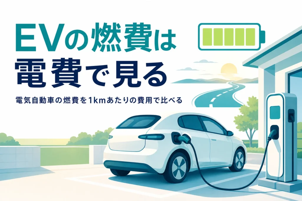 自宅で充電中の電気自動車と道路のイラストに、電気自動車の燃費の比べ方を伝える記事タイトル