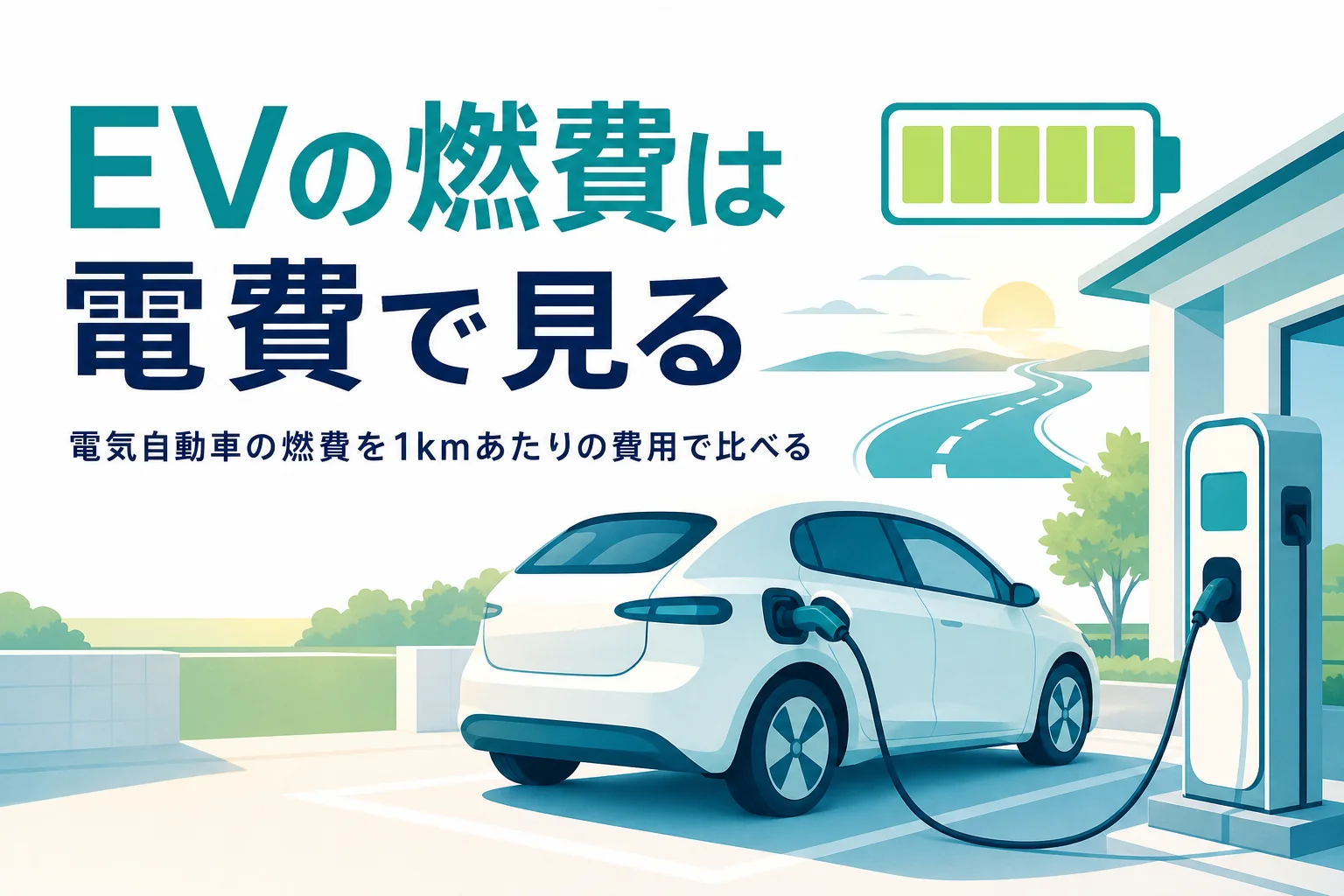 自宅で充電中の電気自動車と道路のイラストに、電気自動車の燃費の比べ方を伝える記事タイトル