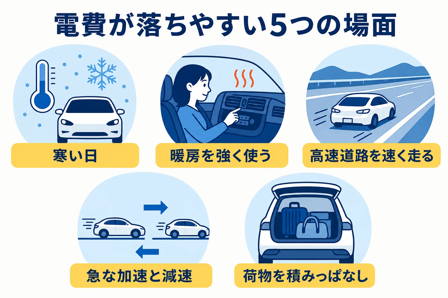 電気自動車の電費が落ちやすい寒い日・暖房・高速道路・急な加速・荷物の多さの場面をまとめた図解