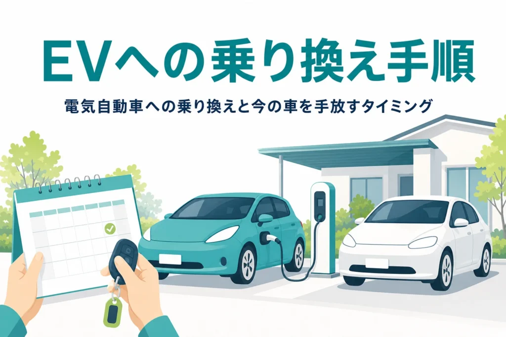 自宅の駐車場で充電中の電気自動車と今まで乗っていた車が並ぶイラストと、電気自動車への乗り換え手順を伝える記事タイトル