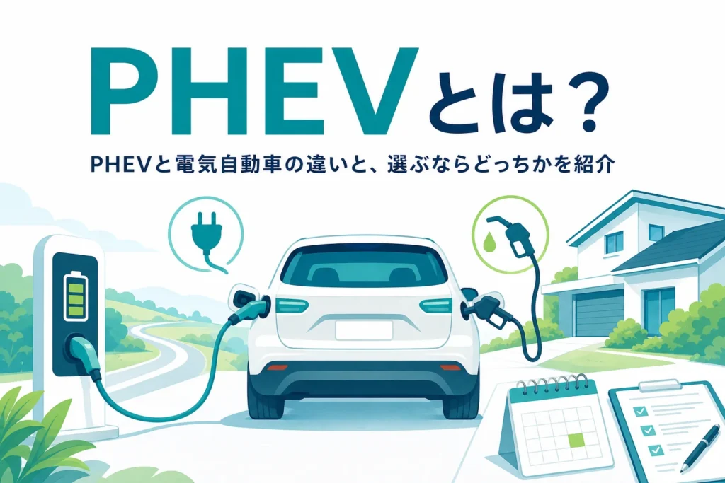 充電ケーブルと給油ノズルのアイコンが付いたSUVのイラストと、PHEVとは何かを紹介する記事タイトル