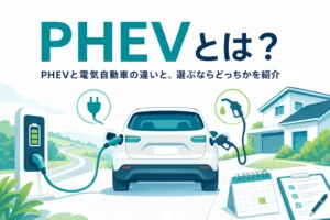 充電ケーブルと給油ノズルのアイコンが付いたSUVのイラストと、PHEVとは何かを紹介する記事タイトル