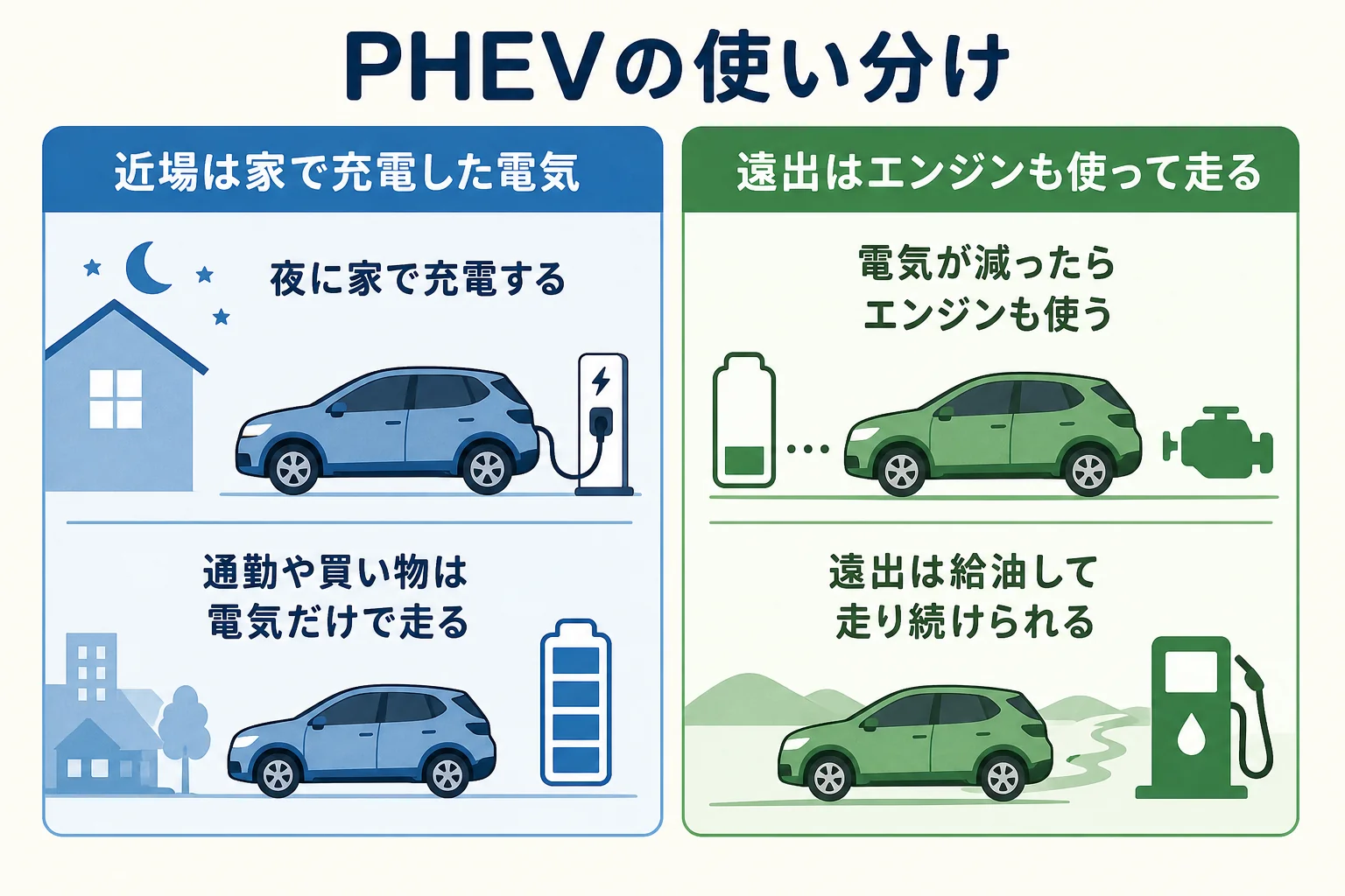 PHEVが近場は電気で走り、遠出ではエンジンも使って走る使い分けの図解