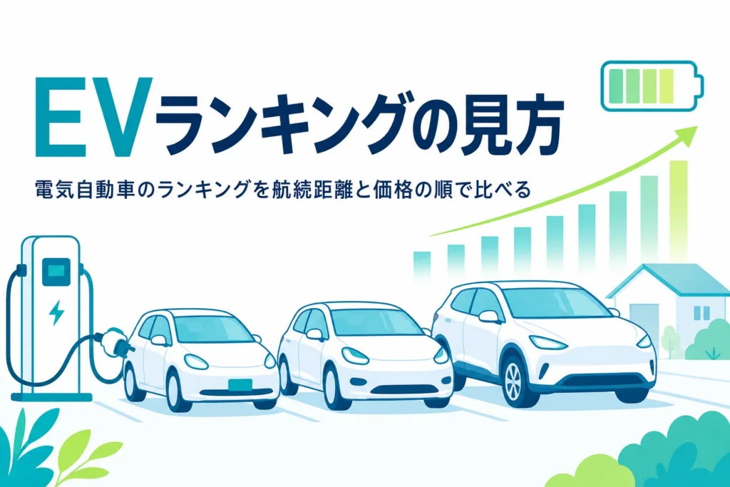 大きさの違う電気自動車のシルエットが並ぶイラストと棒グラフ、電気自動車のランキングの見方を伝える記事タイトル