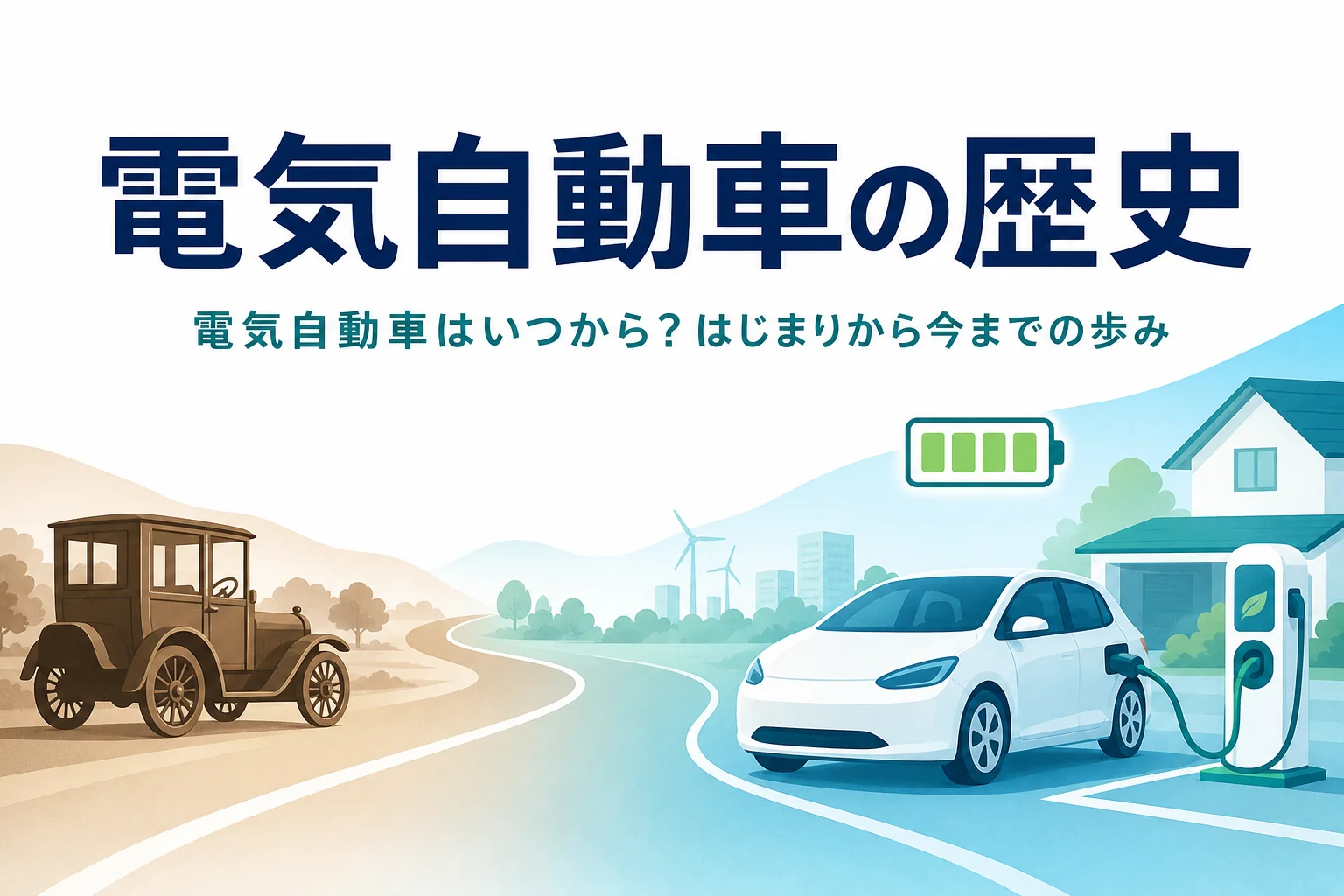 古い自動車から現代の電気自動車へ続く道のイラストと、電気自動車の歴史を紹介する記事タイトル