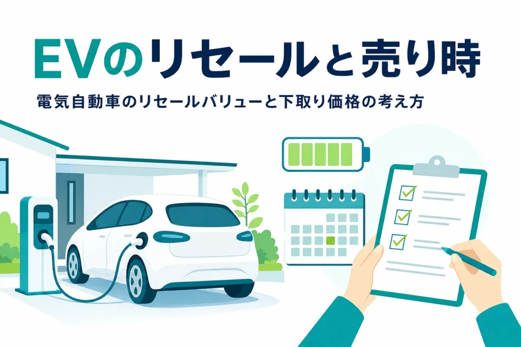 駐車場の乗用車とカレンダーのイメージに、電気自動車のリセールバリューと売り時を紹介する記事タイトルを重ねたアイキャッチ