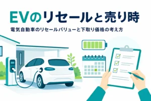 駐車場の乗用車とカレンダーのイメージに、電気自動車のリセールバリューと売り時を紹介する記事タイトルを重ねたアイキャッチ