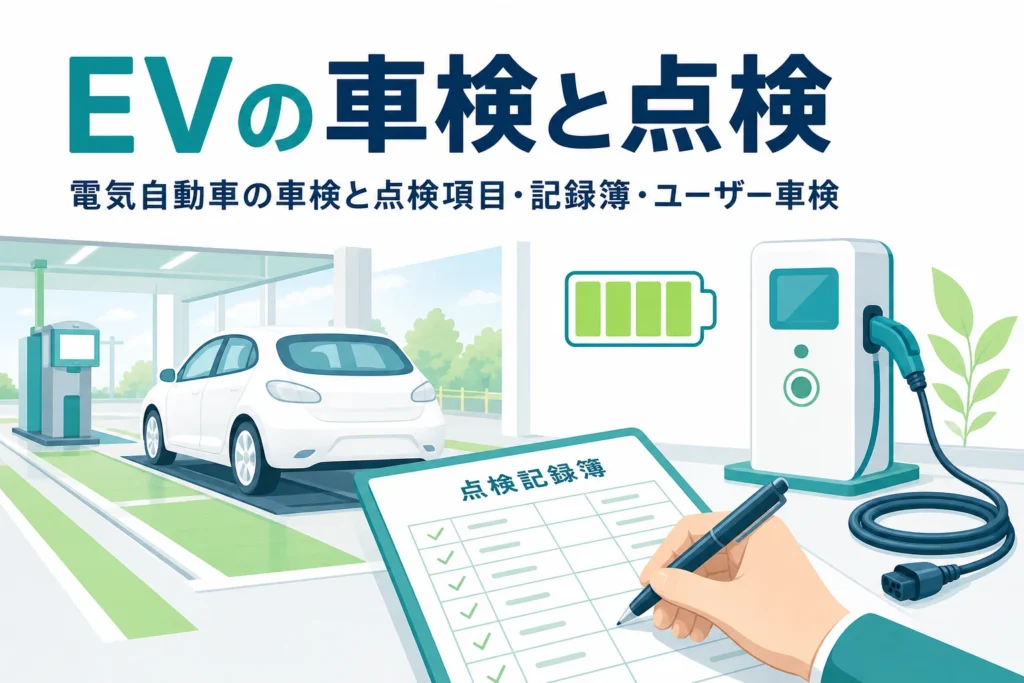 検査ラインの電気自動車と点検記録簿に「EVの車検と点検」の文字