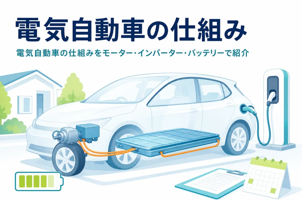 床下のバッテリーとモーターが透けて見える電気自動車のイラストと、電気自動車の仕組みを紹介する記事タイトル