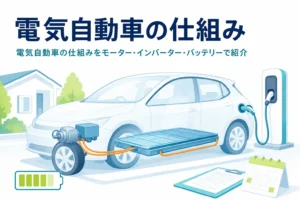 床下のバッテリーとモーターが透けて見える電気自動車のイラストと、電気自動車の仕組みを紹介する記事タイトル