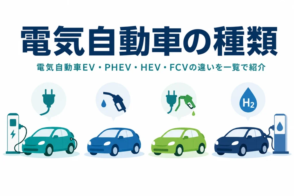 4種類の電動車のシルエットと補給のアイコンが並ぶ、電気自動車の種類を紹介する記事タイトル