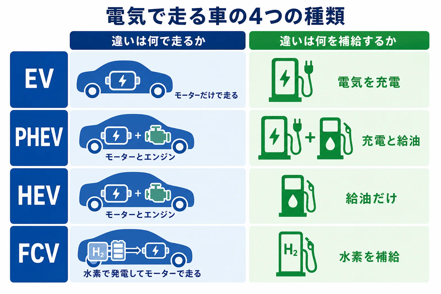 電気自動車の4つの種類を、走る力と補給するもので分けた一覧の図解