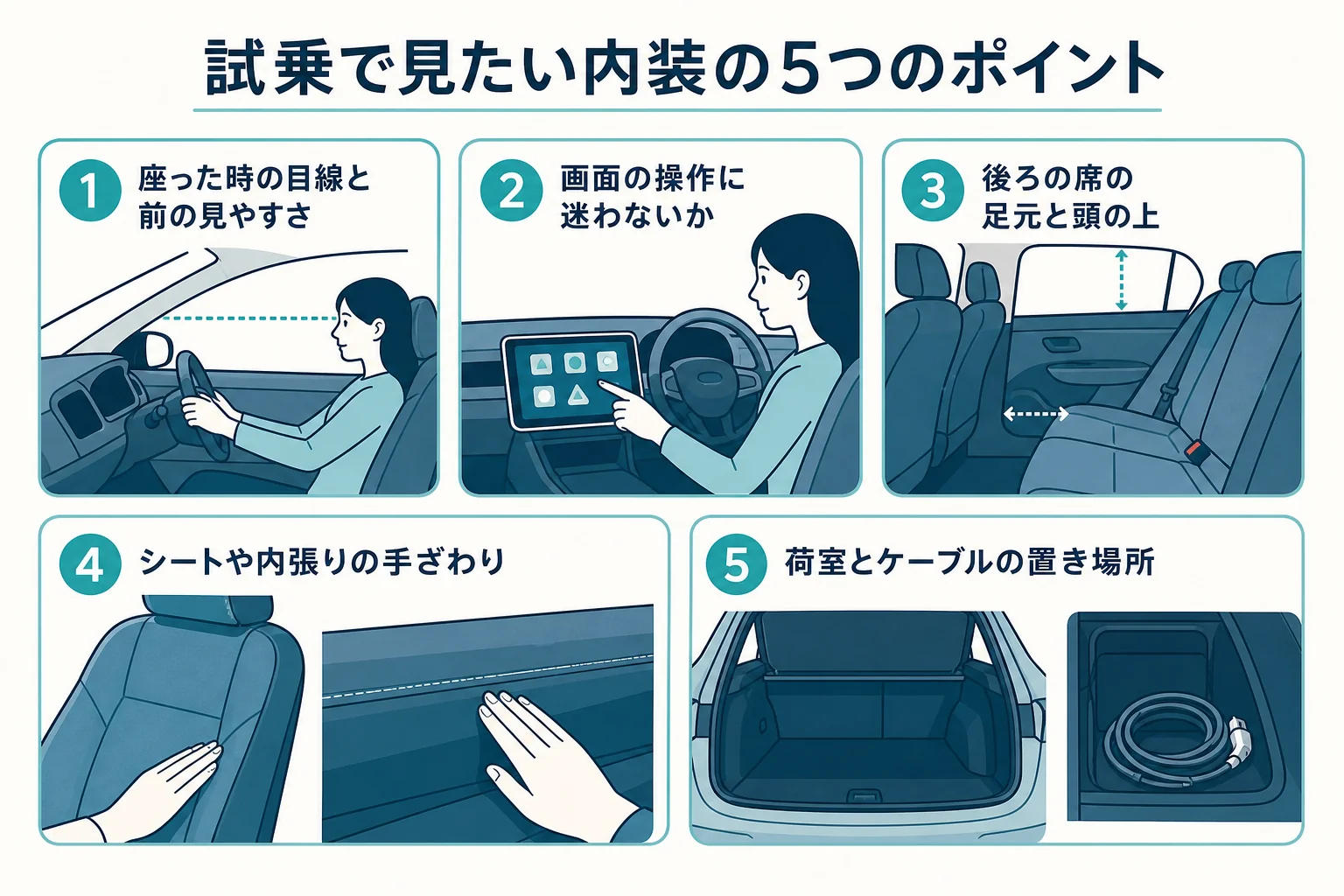 電気自動車の内装を試乗で確かめる時に見ておきたい5つのポイントを並べた図解