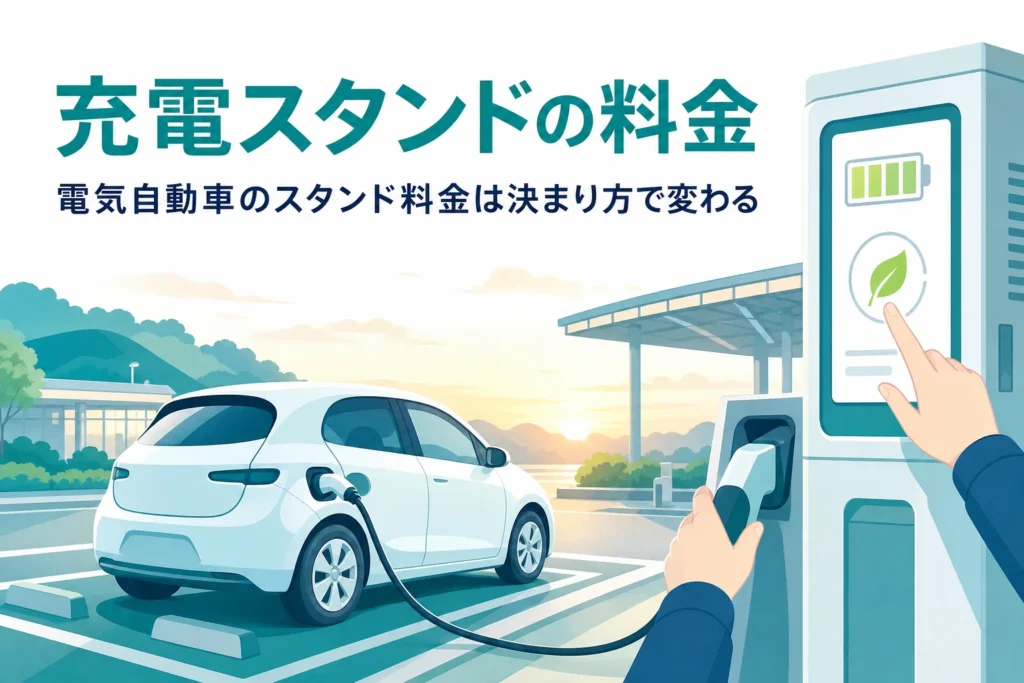 高速道路のサービスエリアで急速充電中の電気自動車と、充電スタンドの料金を紹介する記事タイトル