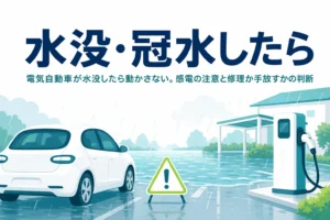 冠水した道路の手前に止まる乗用車に「水没・冠水したら」の文字