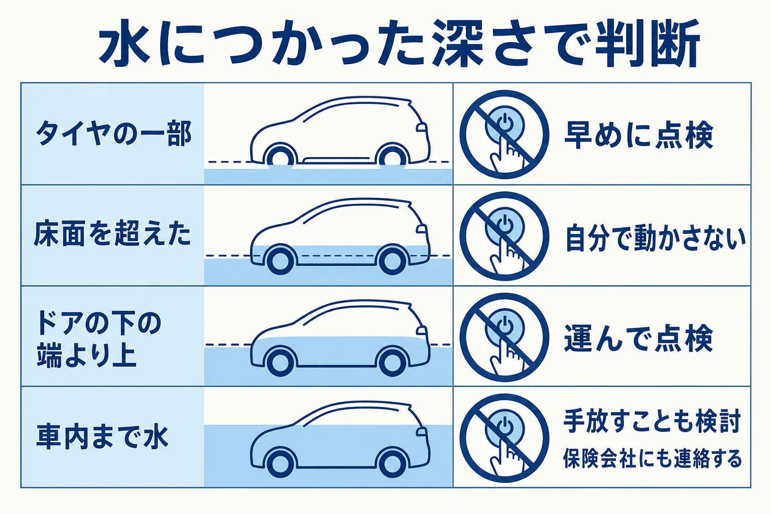 水につかった深さの目安ごとに、動かさない・点検・保険・手放すの判断を並べた図解