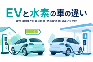 充電中の電気自動車と水素を補給中の燃料電池車のイラストと、2つの違いを紹介する記事タイトル