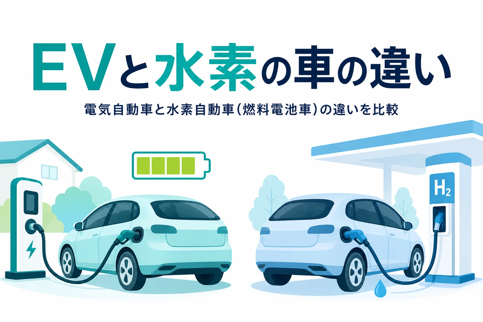 充電中の電気自動車と水素を補給中の燃料電池車のイラストと、2つの違いを紹介する記事タイトル