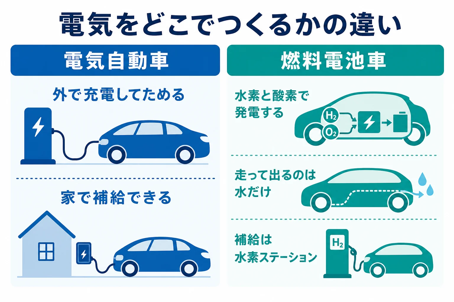 電気自動車は外で充電した電気をためて走り、燃料電池車は水素と酸素から車の中で電気をつくって走る違いの図解