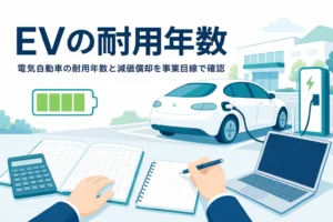 事務所の駐車場の電気自動車と帳簿に「EVの耐用年数」の文字