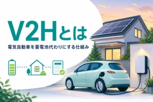 太陽光パネルのある家とV2Hでつながった電気自動車、V2Hの仕組みを紹介する記事タイトル