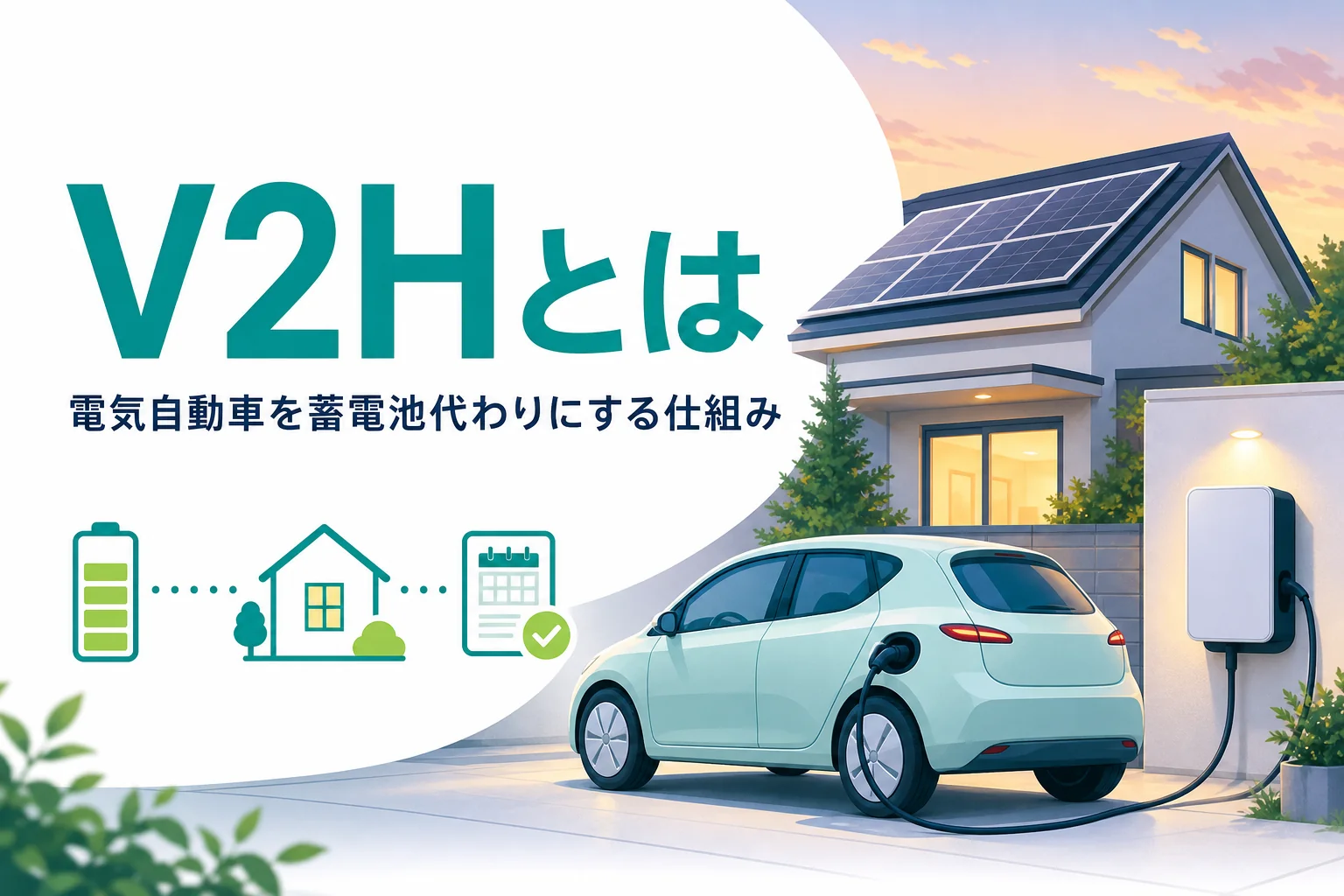 太陽光パネルのある家とV2Hでつながった電気自動車、V2Hの仕組みを紹介する記事タイトル