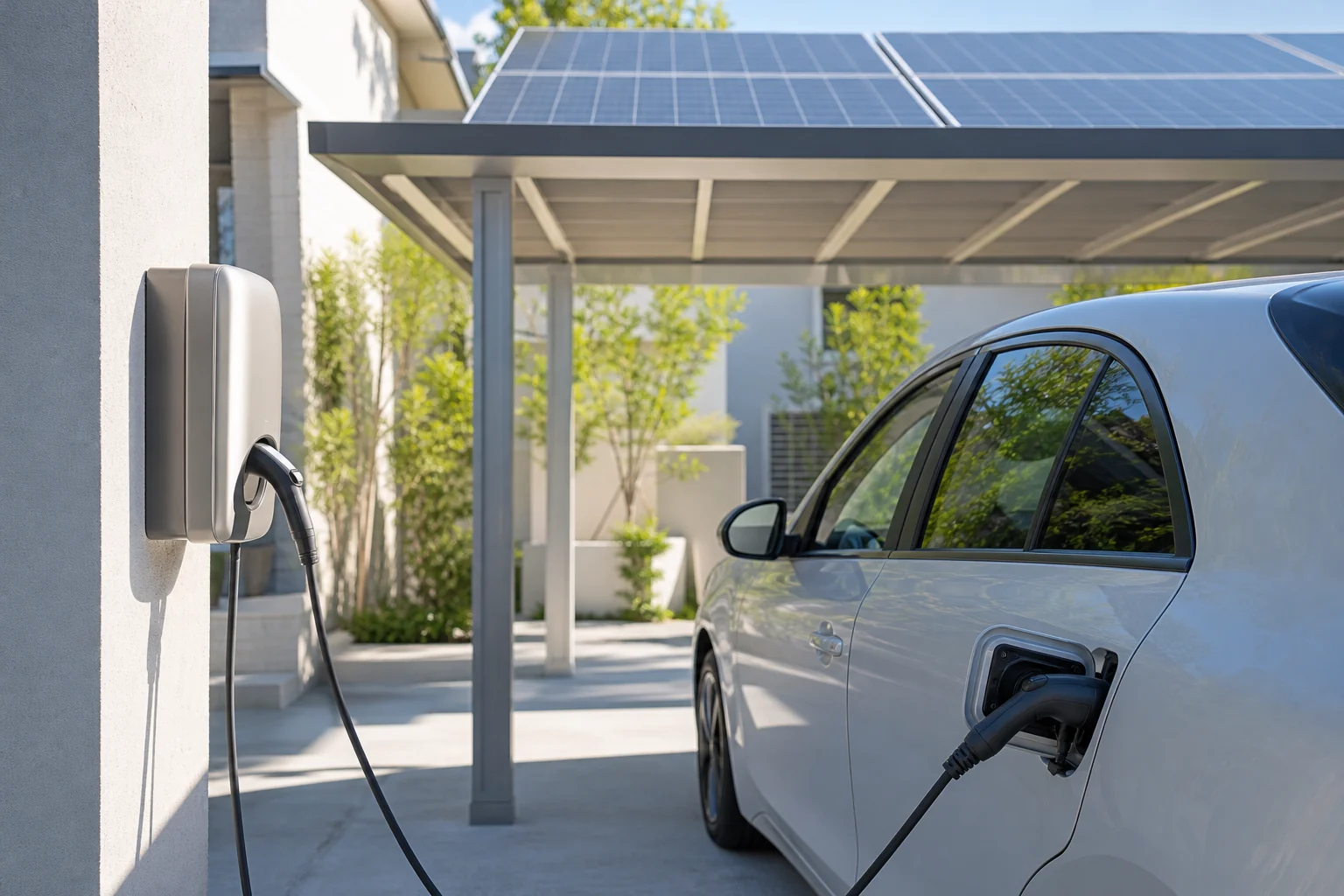 太陽光パネルのある戸建て住宅でV2Hの機器につないだ電気自動車のイメージ写真