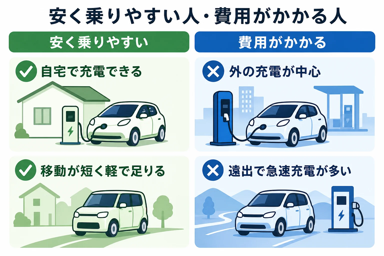 電気自動車に安く乗りやすい人と、思ったより費用がかかる人の条件を左右に分けて比べた図解