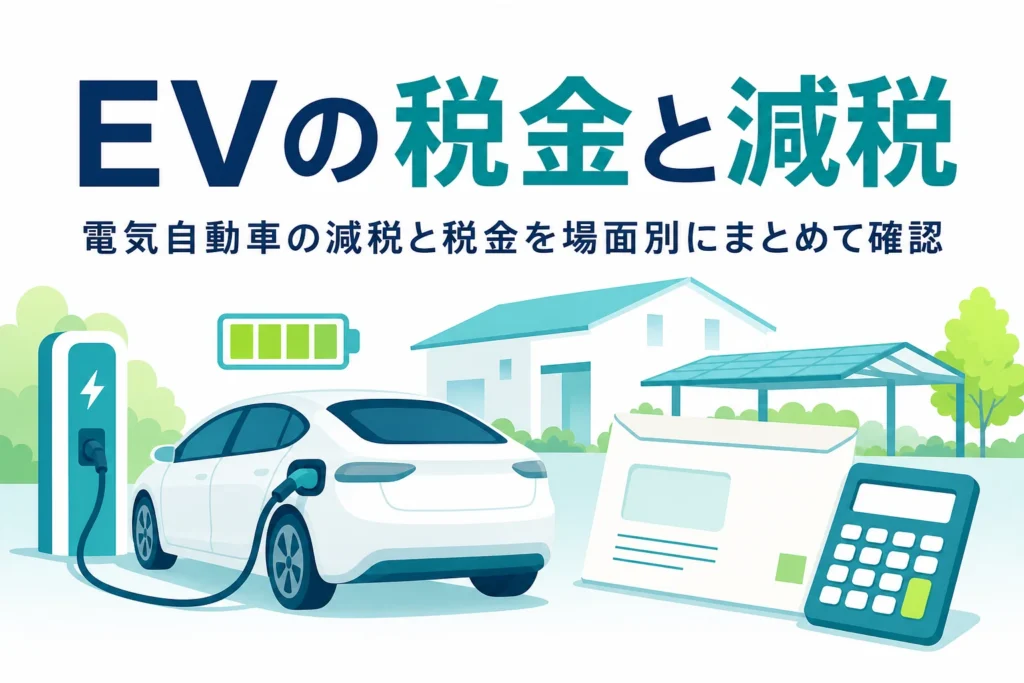 電気自動車と納税通知の封筒に「EVの税金と減税」の文字